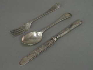 An Edwardian engraved 3 piece silver old English pattern  christening set with knife, fork and spoon, Sheffield 1902 and  1903