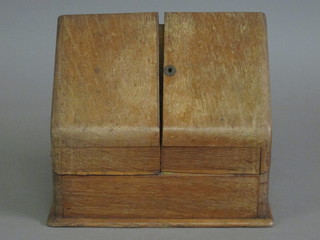 A Victorian bleached oak stationery box with stepped interior 12"