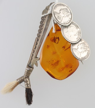 An amber pendant, a silver brooch formed from 2 Victorian  silver coins and a bar brooch