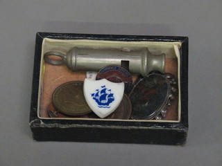 A moss agate brooch, 2 Blue Peter badges, an ARP whistle etc