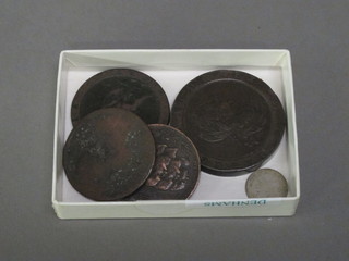 A 1797 George III cartwheel penny, a 1797 half penny and 3  other coins