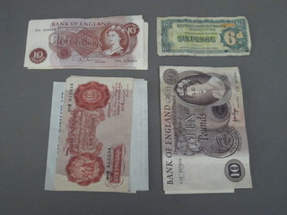 A 1 shilling postal order, 14 - 10 shilling notes, 11 ?1 notes, a ?10 note, a foreign bank note and an Armed Forces bank note