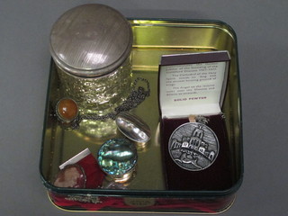 A circular hobnail cut dressing table jar with silver lid, 2 Continental white metal pill boxes, a silver medal and a small  collection of costume jewellery