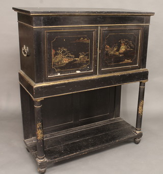 A 19th Century black lacquered cabinet enclosed by panelled doors decorated landscape scenes, raised on turned supports with  undertier 45"