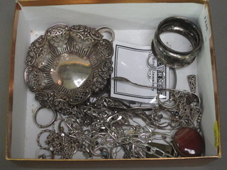 A small silver dish and a collection of silver costume jewellery