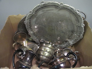A 3 piece silver plated tea service, an oval galleried tea tray, a silver plated salver etc
