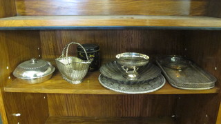 A silver plated muffin dish with demi-reeded decoration and a collection of silver plated items