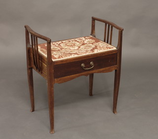 An Edwardian inlaid mahogany piano stool, the base fitted 1 long drawer and raised on square tapering supports