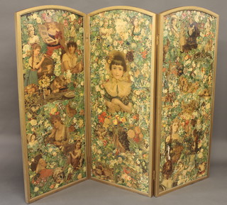 A Victorian arched 3 fold dressing screen decorated scraps