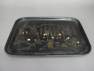 A 19th Century rectangular black lacquered tray with chinoiserie  decoration 24"