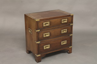 A mahogany military style chest of 3 long drawers with brass counter sunk handles 29"