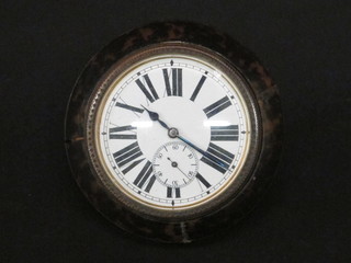 A 19th Century travelling clock with amber dial and Roman numerals, contained in a tortoiseshell case 3 1/2" ?10-
