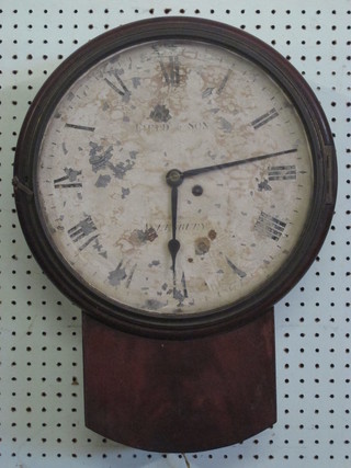 A 19th Century fusee drop dial wall clock, the dial marked  Field & Sons Aylesbury contained in a mahogany case, the 12"  painted dial requires some attention,  ILLUSTRATED