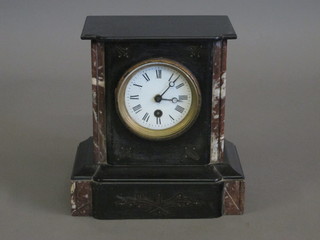 A Victorian French 8 day mantel clock with enamelled dial and Roman numerals contained in a 2 colour marble architectural case