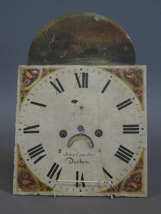An 18th Century arched longcase clock dial case, marked John ?ondus of Durham with calendar aperture and minute indicator  13"