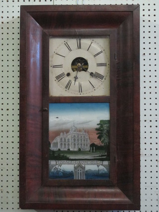 A 19th Century American 30 hour striking wall clock by E C  Brewster contained in a mahogany finished case, the door painted  a scene of an Eastern temple