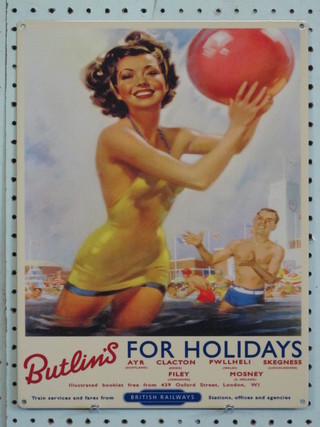 A reproduction enamelled advertising sign - Butlins For Holidays 16" x 12"