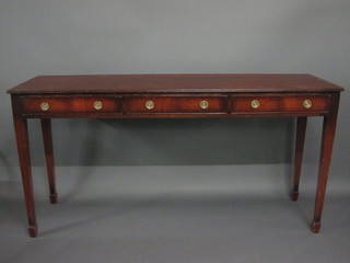 A rectangular Georgian style inlaid mahogany serving table  fitted 3 long drawers raised on square tapering supports ending in  spade feet 72"