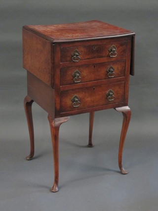 A Queen Anne style walnut pedestal chest of 3 long drawers, the sides fitted flaps, raised on cabriole supports 18"