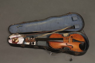 A violin with 1 piece back labelled George Pyne Wardour Street London 1895 12", cased and with bow marked P.C
