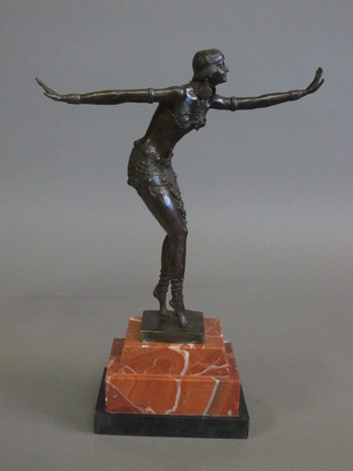 A bronze Art Deco style figure of a standing lady, raised on a stepped marble base 19"