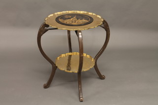 An Eastern brass and wooden circular folding 2 tier occasional  table 24"
