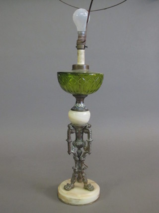 A gilt bronze marble and champs leve oil lamp base with green  glass reservoir 18"