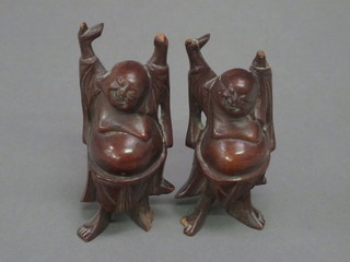 2 carved wooden figures of standing Buddhas 4" together with an engraved brass flower stoop