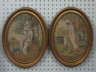 2 18th Century stump work pictures of standing ladies, 9" oval  ILLUSTRATED
