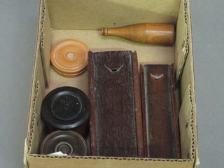 A set of ivory jack straws and wooden jack straws, a cylindrical wooden box containing a collection of game counters, a  reproduction pocket sundial and other curios