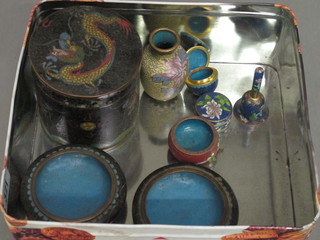 A cylindrical cloisonne enamelled jar and cover 3", 2 cloisonne  salts and a collection of small cloisonne items