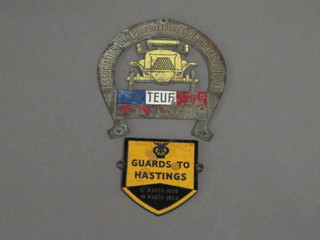 A Continental car badge and an enamelled badge Guards to  Hastings 17th March 1908 - 19th March 1955