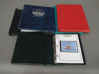 A green loose leaf mint stamp collection, a Lloyds List 250th Anniversary stamp collection, a red and green stock book of  stamps and a black loose leaf stamp collection