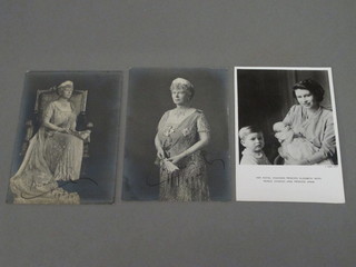 2 black and white portrait photographs of HM Queen Mary,  signed 1935 and a postcard of Princess Elizabeth, Prince Charles  and Princess Anne, the reserve signed Mary R Eastern Day 1951