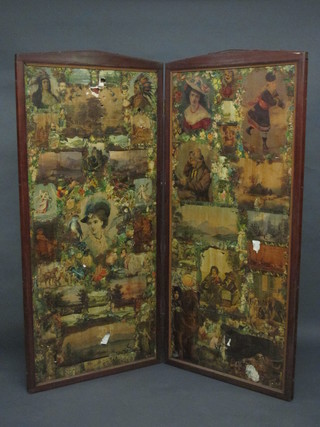 A Victorian pine arched dressing screen decorated various paper scraps