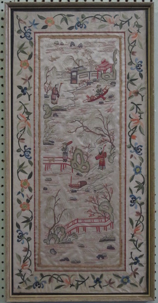 A rectangular Eastern silk embroidered panel depicting figures  25" x 12"