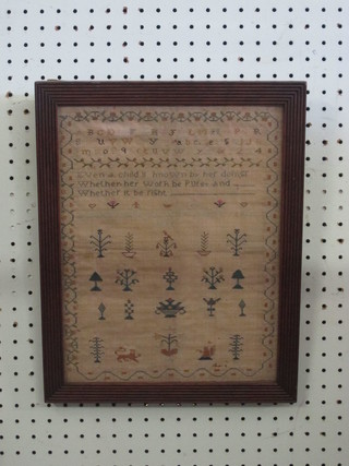 A 19th Century needlework sampler by Sarah Penfold with motto, trees and alphabet 1813, 12" x 9 1/2"