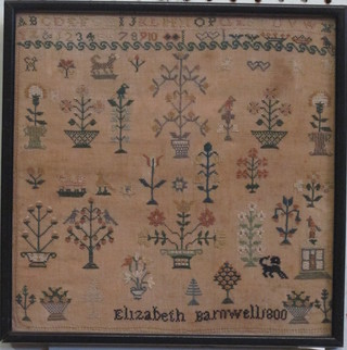 A 19th Century wool work sampler with letters, numbers,  animals and plants by Elizabeth Barnwell 1880 10" x 10"