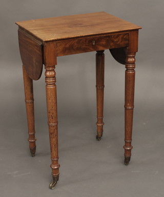 19th Century rectangular mahogany drop flap work table, fitted  a drawer and raised on turned supports 19"