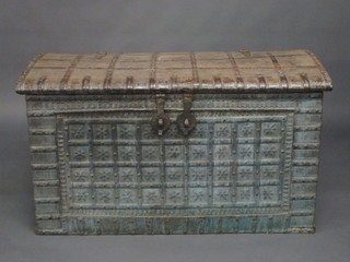 A large Continental hardwood and iron bound coffer with iron  drop handles 46"  ILLUSTRATED