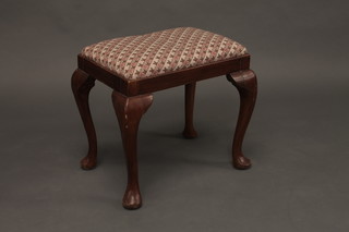 A rectangular Queen Anne style walnut stool with upholstered  drop in seat, raised on cabriole supports 20"