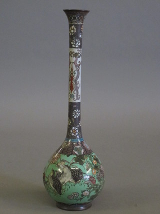 A blue ground cloisonne club shaped vase with floral decoration  15 1/2", some cloisonne missing,
