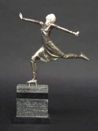An Art Deco style polished metal figure of an Ice Skater, raised on a marble base 14"