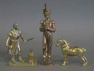 A brass figure of a standing blacksmith with anvil, do. soldier  11" and a dray horse 5"