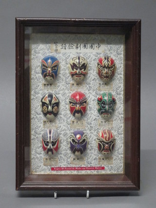 A set of 9 various Oriental masks, framed,