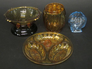 A Sowerby circular amber glass bowl 6", do. 3 section dish, do.  vase and a blue glass vase