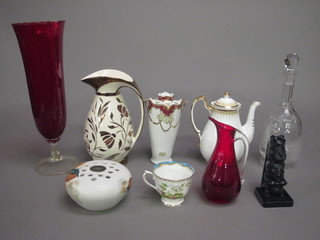 A part Royal Albert Chelsea Bird tea service, 3 cut glass decanters, a ruby glass vase, pair of vases, decorative ceramics  and glassware etc