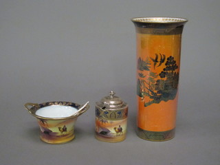 A Carltonware orange glazed vase with Willow pattern  decoration 10", a Camel china preserve jar decorated nomads 3" and a do. twin handled bowl