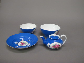 An Imperial Russian Gardner porcelain 4 piece blue ground and floral patterned tea service comprising teapot, 7" slop bowl, 6  1/2" sugar bowl and 10" dish