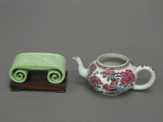 An Oriental green glazed scroll the base with 3 character mark 4"  and an Oriental floral patterned teapot 3"